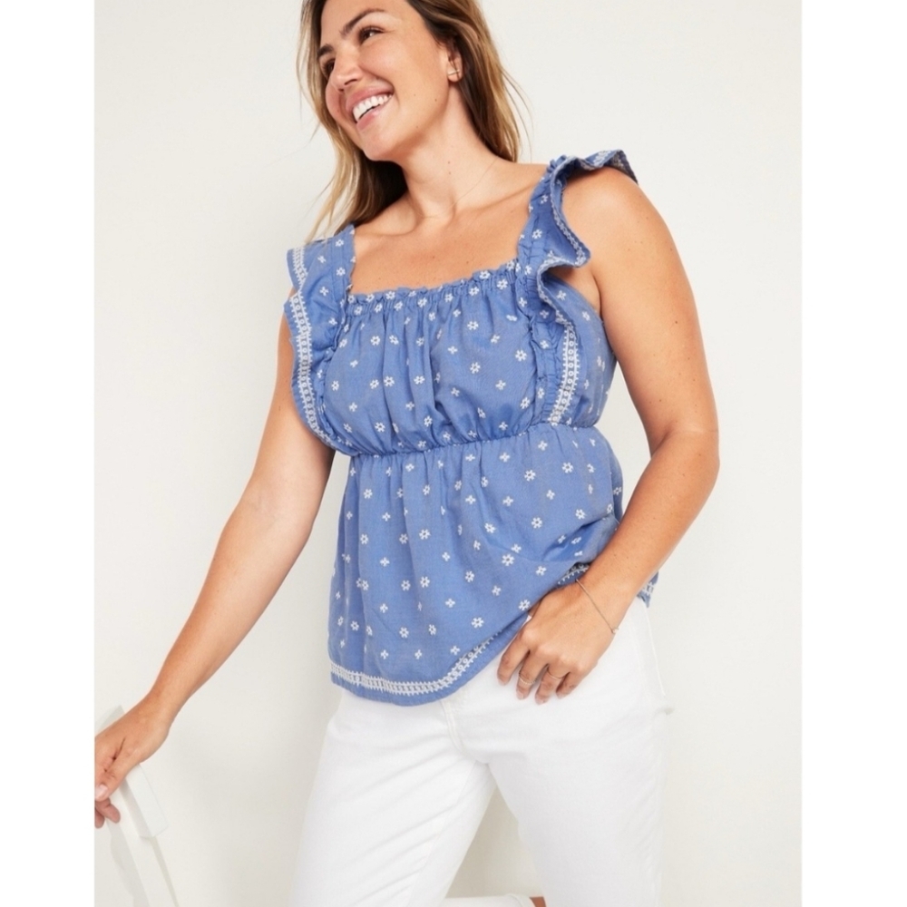 NWT Old Navy Embroidered Print Ruffle Babydoll Top